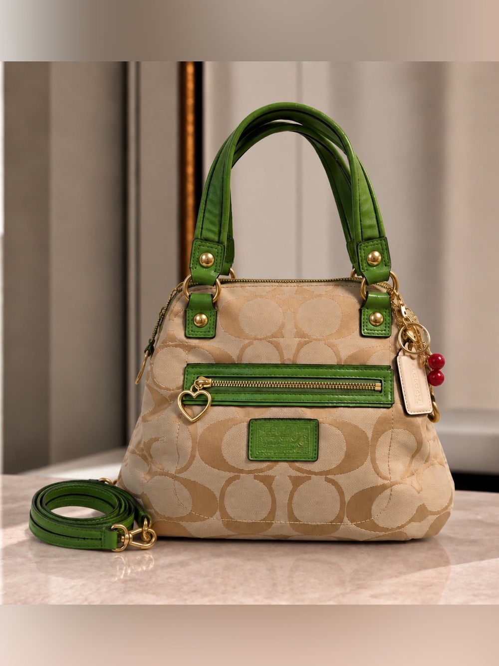 Y2K Coach Beige Signature Satchel with Green Leather Trim and Gold Hardware